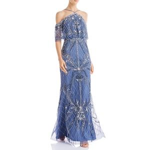 NWT Aidan Mattox cold shoulder beaded gown in blue gray size 16